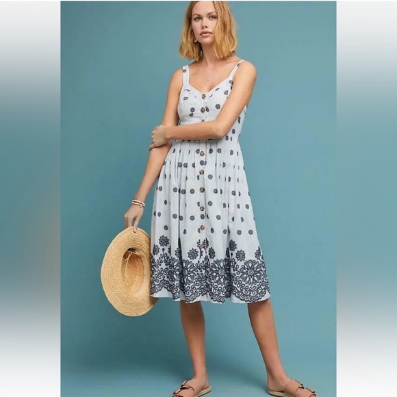Anthropologie Dresses & Skirts - Anthropologie Maeve Cotton Blue White Stripe Floral Embroidery Button Down Dress